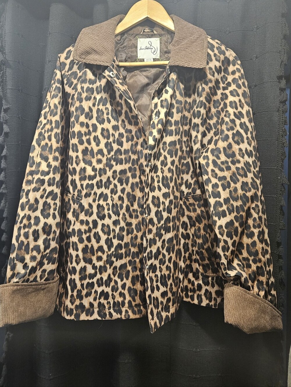 Sam Edelman Leopard Print Corduroy Trim Barn Jacket Coat Brown Tan Quilted M - Picture 12 of 13
